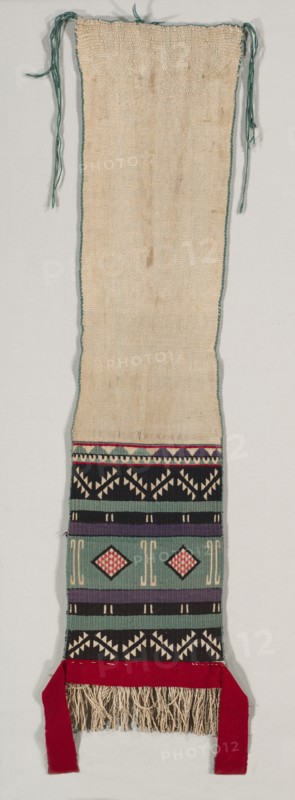"Hopi Brocade" style Dance Sash, c. 1880-1900. America, Native North American, Southwest, Pueblo (Hopi?), Post-Contact, Transitional Period. Plain weave with supplementary weft wrap: cotton and wool (handspun, Germantown, and bayeta); overall: 149 x 63 cm (58 11/16 x 24 13/16 in.)