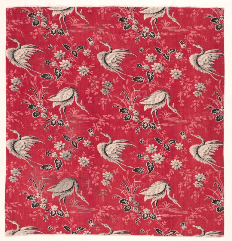 Roller-Printed Cotton with Heron and Flower Design, 1800s. England, 19th century. Roller printed cotton; overall: 56.1 x 53.8 cm (22 1/16 x 21 3/16 in.)