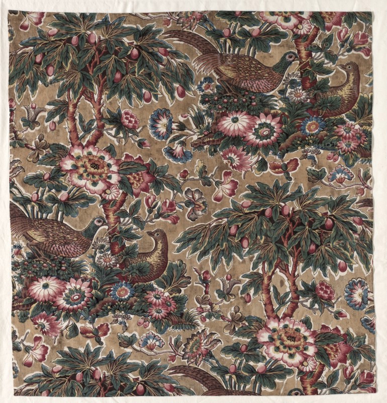Glazed Chintz with Pheasant and Flower Design, c. 1816. Bannister Hall (British). Roller printed cotton; overall: 71.4 x 63.9 cm (28 1/8 x 25 3/16 in.)