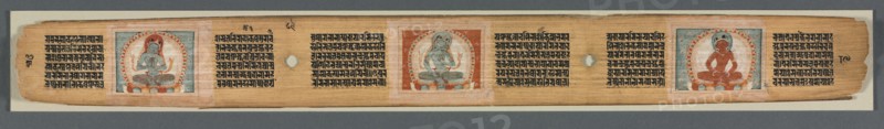 Perfection of Wisdom in Eight Thousand Lines: Ashtasahasrika Prajnaparamita: Decorated Leaf (recto), 1119. India, Bihar, Vikramashila Monastery. Ink and color on palm leaf; leaf: 5.4 x 56.2 cm (2 1/8 x 22 1/8 in.).