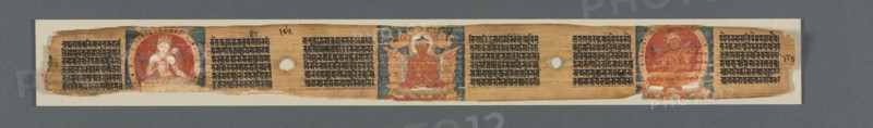 Perfection of Wisdom in Eight Thousand Lines: Ashtasahasrika Prajnaparamita: Decorated Leaf (recto), 1119. India, Bihar, Vikramashila Monastery. Ink and color on palm leaf; leaf: 5.4 x 56.2 cm (2 1/8 x 22 1/8 in.).