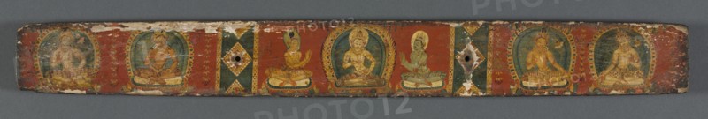 Perfection of Wisdom in Eight Thousand Lines: Ashtasahasrika Prajnaparamita: Back Cover, 1119. India, Bihar, Vikramashila Monastery. Palm-leaf pages, wooden covers; ink and color on palm leaves; overall: 6.5 x 57 x 1.5 cm (2 9/16 x 22 7/16 x 9/16 in.).