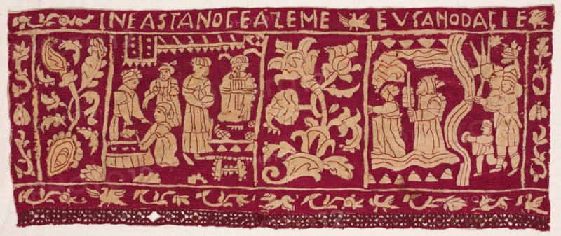 Embroidered Border: The Making of Unleavened Bread and the Israelites Sent Away, 1500s-1600s. Italy, 16th-17th century. Silk, linen; embroidery; overall: 18.1 x 45.4 cm (7 1/8 x 17 7/8 in.)
