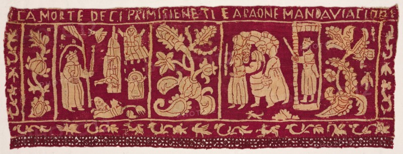 Embroidered Border: The Death of the First Born and the Israelites Sent Away, 1500s-1600s. Italy, 16th-17th century. Embroidery; silk on linen; overall: 18.1 x 50.2 cm (7 1/8 x 19 3/4 in.)