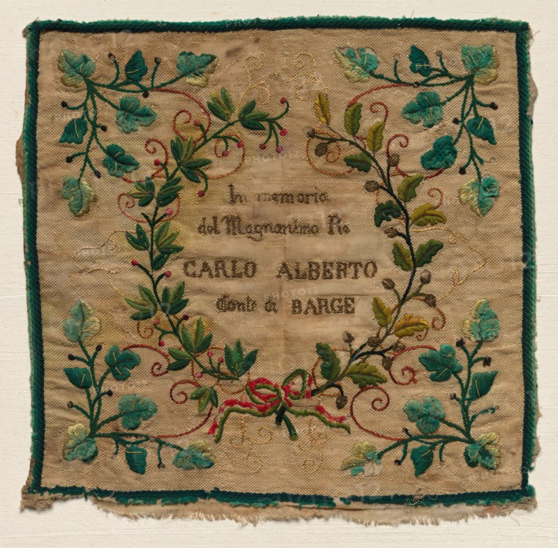 Sampler, 1800s. Italy, 19th century. Embroidered linen or cotton; overall: 44.5 x 45.8 cm (17 1/2 x 18 1/16 in.).