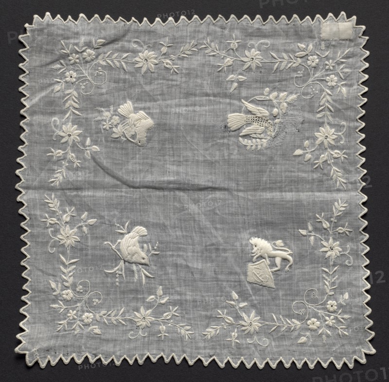 Handkerchief, 1800s. France, 19th century. Embroidery: linen; overall: 20.3 x 20.3 cm (8 x 8 in.).