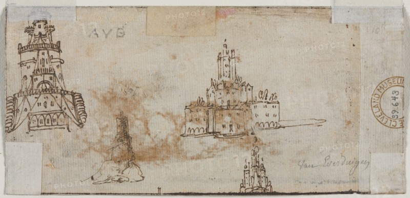 Sketches of Castles (verso), 1600s. Netherlands, 17th century. Pen and brown ink, with framing lines in brown ink (iron gall); sheet: 6.9 x 14.8 cm (2 11/16 x 5 13/16 in.).