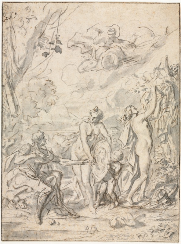 The Judgment of Paris, c. 1740-1750. France, 18th century. Black chalk and brush and gray wash; framing lines in black chalk; sheet: 28.2 x 21 cm (11 1/8 x 8 1/4 in.).