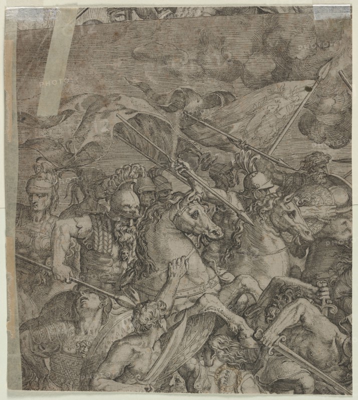 Battle of the Milvian Bridge (fragment) (verso), 1500s. Italy, 16th century. Etching; sheet: 27.4 x 24.4 cm (10 13/16 x 9 5/8 in.).