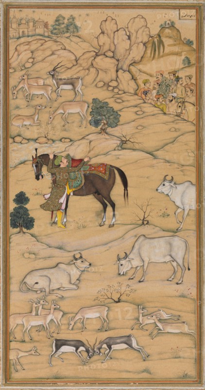 Akbar Mounting his Horse; page from the Chester Beatty Akbar Nama (History of Akbar), 1605-07. Attributed to Sur Das Gujarati (Indian, active 16th century). Ink and color on paper; Nim qalam drawing; image: 23 x 12.4 cm (9 1/16 x 4 7/8 in.); overall: 43.2 x 28.2 cm (17 x 11 1/8 in.).