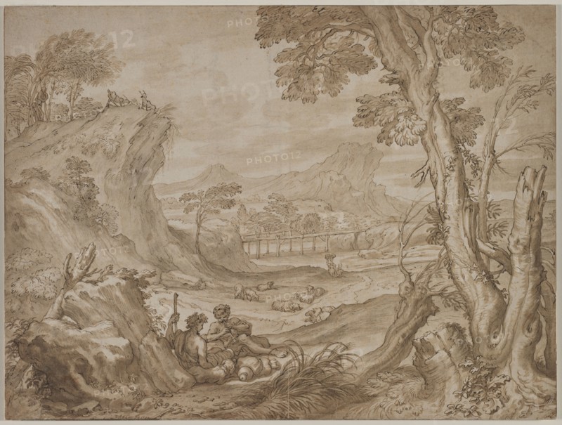 Landscape with Shepherds, c. 1700?. Domenico I Piola (Italian, 1627-1703). Pen and brown ink and brush and brown wash over traces of black chalk; framing lines in brown ink; sheet: 35.7 x 47.8 cm (14 1/16 x 18 13/16 in.); secondary support: 35.7 x 47.8 cm (14 1/16 x 18 13/16 in.).