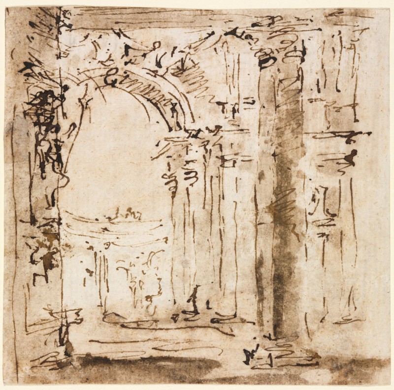 Pair of Drawings: Sketch of the Labyrinth of the Villa Pisani  and Piazza San Marco with Doges' Palace, 1773-1778(?). Francesco Guardi (Italian, 1712-1793). Pen and brown ink with brush and brown wash; sheet: 12.7 x 13.1 cm (5 x 5 3/16 in.).