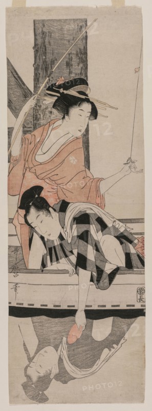 Couple in a Boat, c. 1799. Kitagawa Utamaro (Japanese, 1753?-1806). Color woodblock print; image: 52.1 x 17.8 cm (20 1/2 x 7 in.).