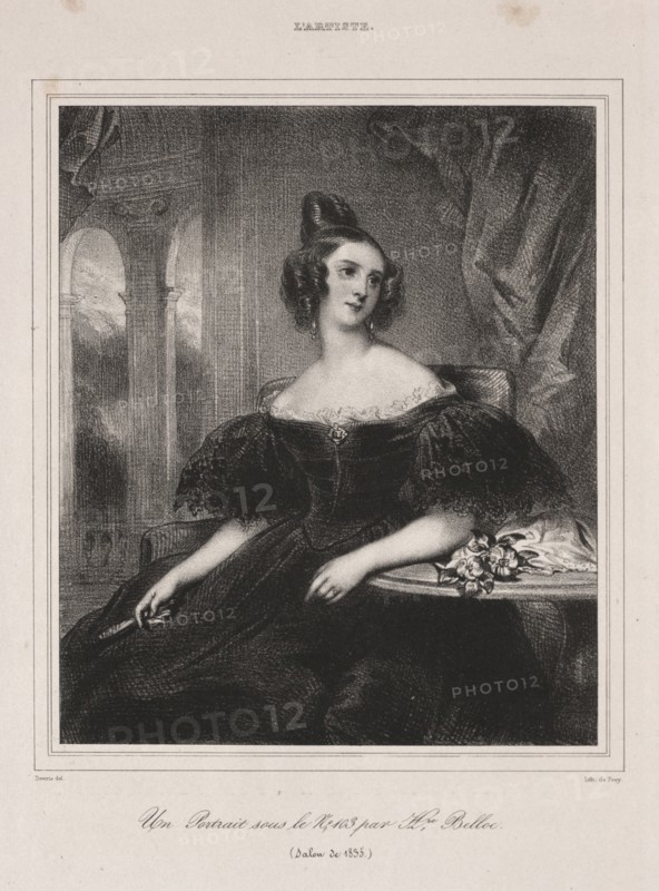 Young Woman with a Fan Seated at a Table, 1835. Achille Devéria (French, 1800-1857). Lithograph