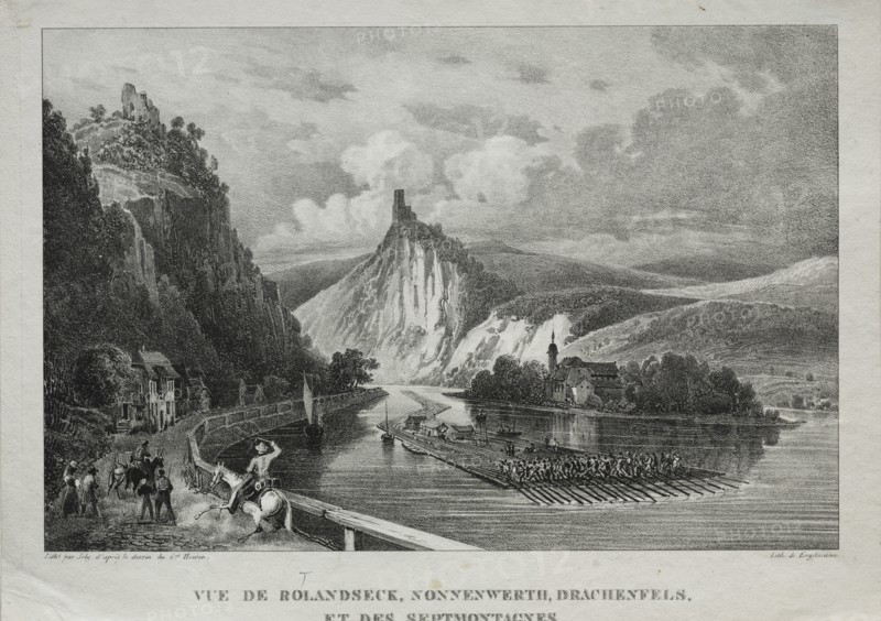 View of Rolandseck, Nonnenwerth, Drachenfels and Siebenbirge. Jules Jean-Baptiste de Joly (French, 1788-1865). Lithograph