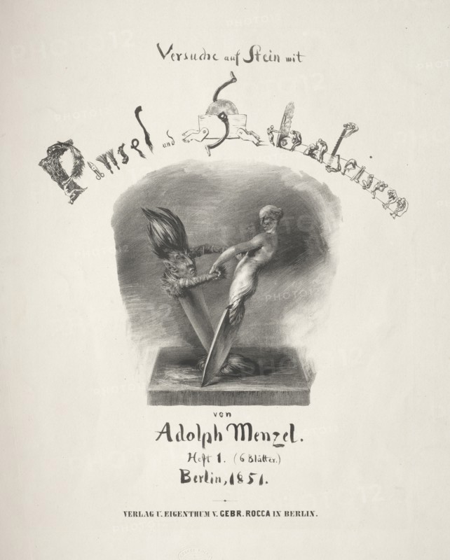 Essay on Stone with Brush and Scraper:  Title Page, 1851. Adolph von Menzel (German, 1815-1905). Lithograph