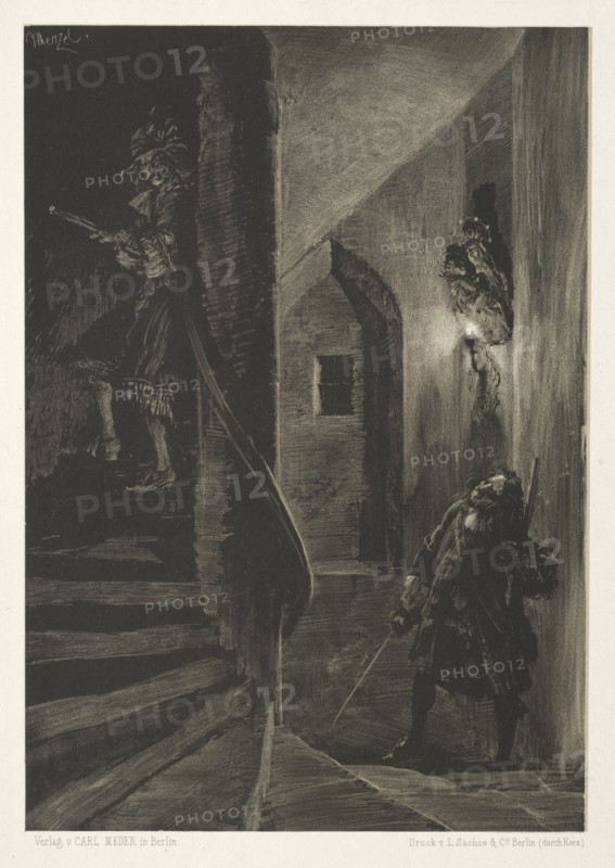 Essay on Stone with Brush and Scraper:  Chase on the Winding Staircase, 1851. Adolph von Menzel (German, 1815-1905). Lithograph