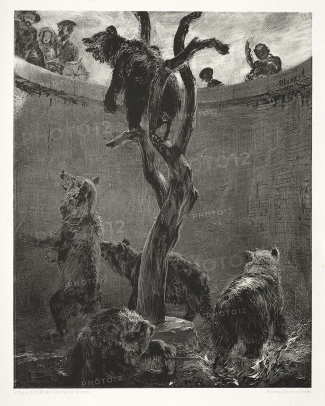 Essay on Stone with Brush and Scraper:  The Bear Pit, 1851. Adolph von Menzel (German, 1815-1905). Lithograph