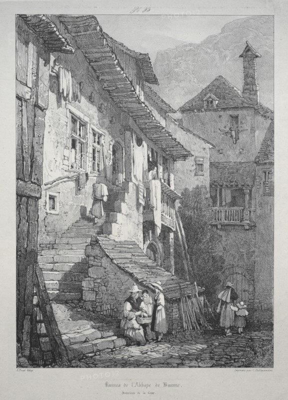 Ruins of the Abbey of Baume.  Interior of the Court. Samuel Prout (British, 1783-1852). Lithograph