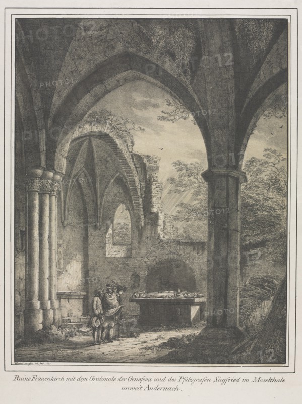 Notable Buildings of the Middle Ages in Germany:  Ruins of the Church of the Virgin with the Tomb of Genevieve and Siegfried, Count Palatine of the Rhine, in the Moselle Valley near Andernack, 1821. Domenico Quaglio (German, 1787-1837). Lithograph