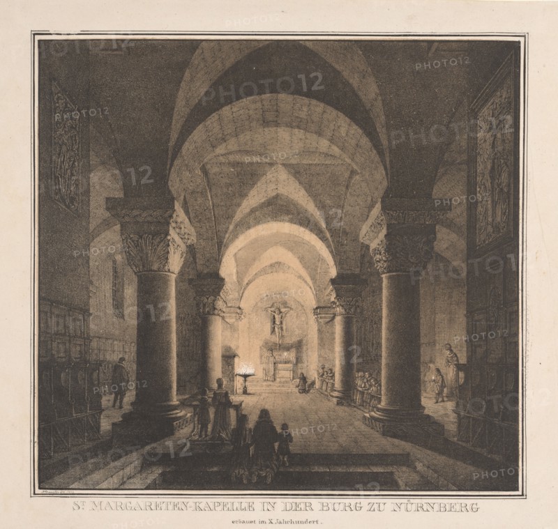 Notable Buildings of the Middle Ages in Germany:  St. Margaret's Chapel in the Imperial Castle at Nuremberg, 1819. Domenico Quaglio (German, 1787-1837). Lithograph
