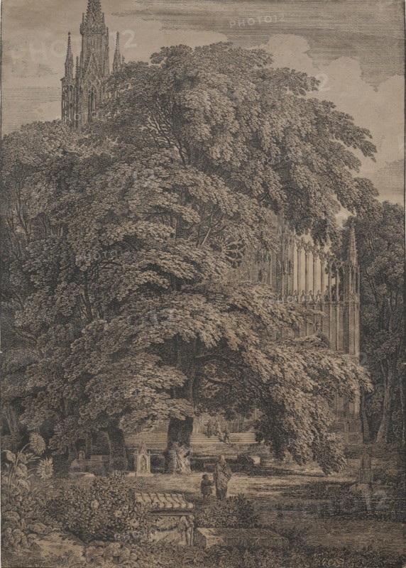 Gothic Church among Oaks, 1810. Karl Friedrich Schinkel (German, 1781-1841). Lithograph with tint stone; sheet: 47.8 x 34.1 cm (18 13/16 x 13 7/16 in.)