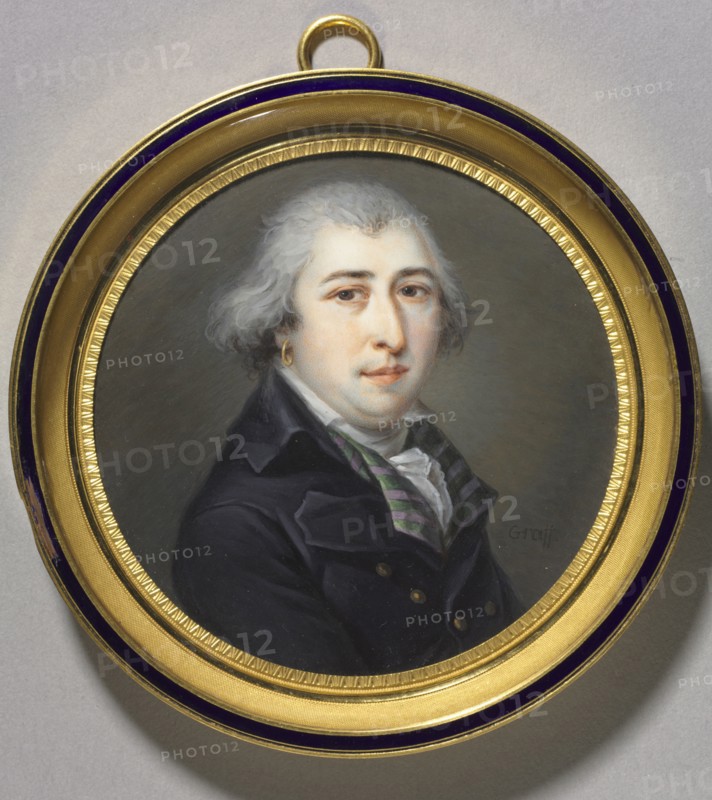 Portrait of a Man with an Earring, c. 1800. Anonymous Graff (1800). Watercolor on ivory in a gilt metal and enamel frame; unframed: 7.2 cm (2 13/16 in.); diameter of frame: 9.4 cm (3 11/16 in.)