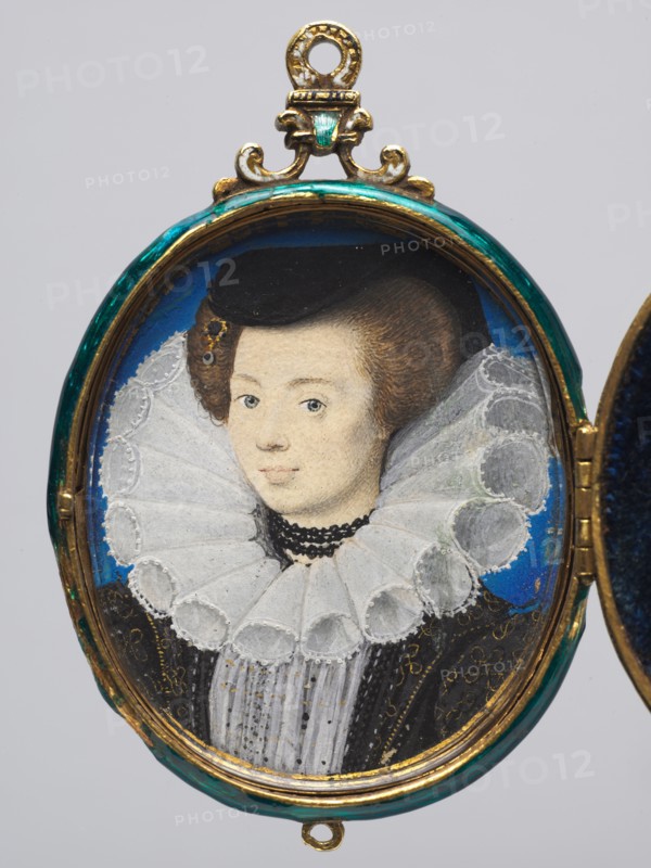 Portrait of a Woman, c. 1593. Nicholas Hilliard (British, c. 1547-1619). Watercolor on vellum in a gold and enamel locket frame; image: 3.9 x 3.3 cm (1 9/16 x 1 5/16 in.); framed: 4.4 x 3.6 cm (1 3/4 x 1 7/16 in.); case: 5.8 x 3.8 x 0.6 cm (2 5/16 x 1 1/2 x 1/4 in.).