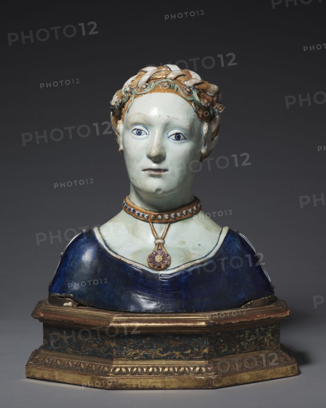 Bust of a Woman, early 1500s. Italy, Tuscany, 16th century. Tin-glazed earthenware (maiolica); 37.6 x 36 x 22 cm (14 13/16 x 14 3/16 x 8 11/16 in.).