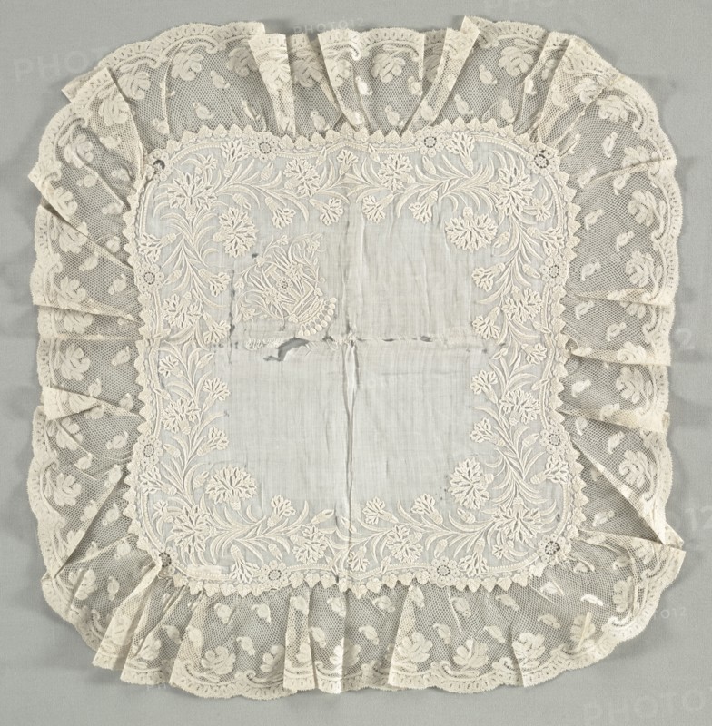 Handkerchief, late 1800s. France, 19th century. Embroidered cotton, bobbin lace; overall: 47 x 48.6 cm (18 1/2 x 19 1/8 in.).