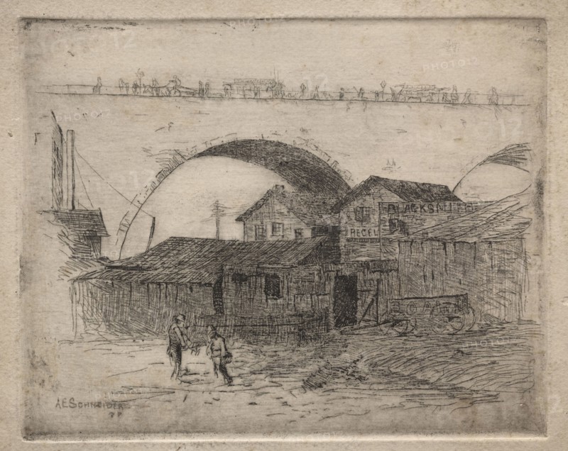 Old Superior Street Viaduct, Cleveland, 1887. Arthur E. Schneider. Etching