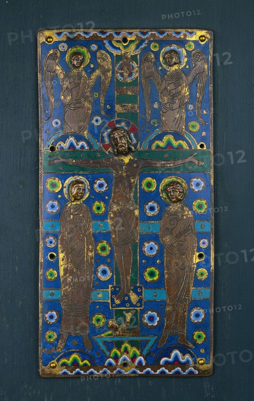 Plaque from a Book Cover with the Crucifixion, 1st half of 1200s. France, Limousin, Limoges, Gothic period, 13th century. Copper: gilded, engraved, chased; champlevé enamel; wood core; overall: 23.2 x 11.8 x 1.3 cm (9 1/8 x 4 5/8 x 1/2 in.).