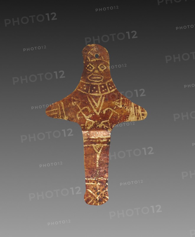 Figurine Plaque, c. 300 BC-AD 200. Peru, South Coast, Paracas, 300 BC-AD 200 with modern etched enhancement?. Hammered and embossed gold-copper alloy; overall: 6.8 x 4.2 cm (2 11/16 x 1 5/8 in.).