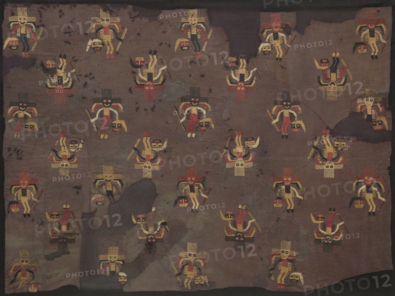 Fragment of Embroidered Cloth, c. 300-100 B.C.. Peru, South Coast, Paracas, Late Period, c. 300-100 BC. Embroidery on plain wool ground; average: 100.3 x 139.1 cm (39 1/2 x 54 3/4 in.)