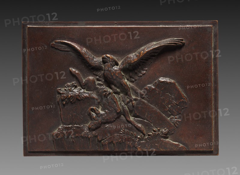 Eagle with Chamois, c. 1830 - 1875. Antoine-Louis Barye (French, 1796-1875). Bronze; overall: 11.2 x 16 x 1 cm (4 7/16 x 6 5/16 x 3/8 in.).