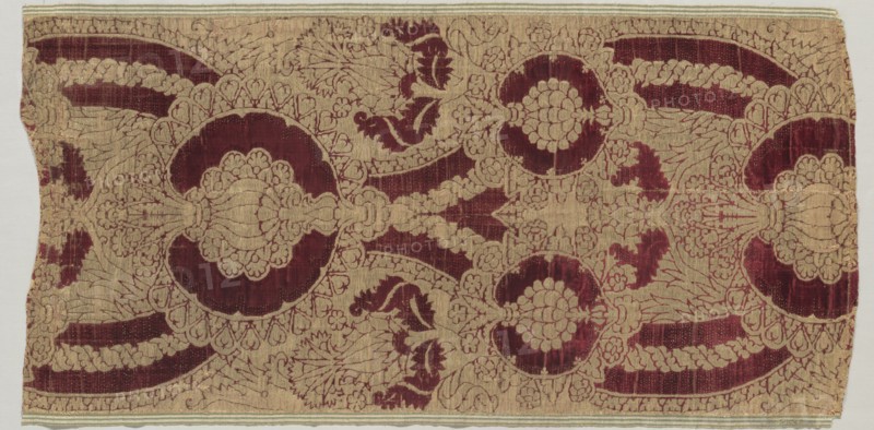 Silk Velvet with Gold in Pomegranate Pattern, 1450-1500. Italy, possibly Florence, 15th century. Silk, gold thread; velvet: cut pile in two heights, uncut pile loops, gold-thread loops; overall: 116.9 x 61 cm (46 x 24 in.)
