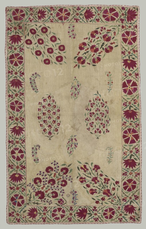 Suzani:divan cover, 1700s. Uzbekistan, Bukhara, 1700s. Plain weave: cotton; embroidery: silk; average: 166.4 x 101.6 cm (65 1/2 x 40 in.)