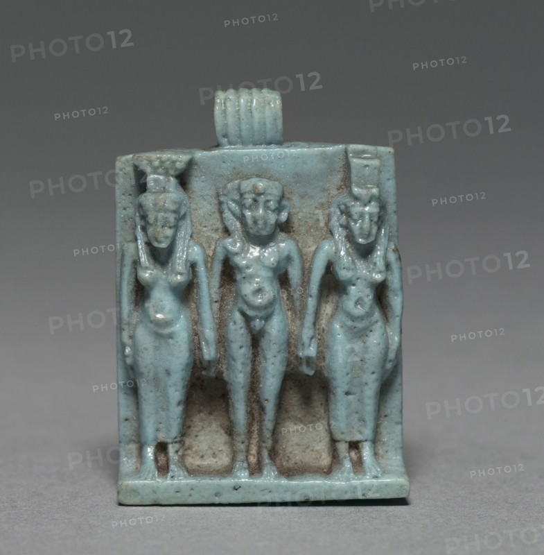 Triad: Horus between Isis and Nephthys, 664-525 BC. Egypt, Late Period, Dynasty 26 or later. Pale turquoise faience; overall: 4.3 x 3.1 cm (1 11/16 x 1 1/4 in.).
