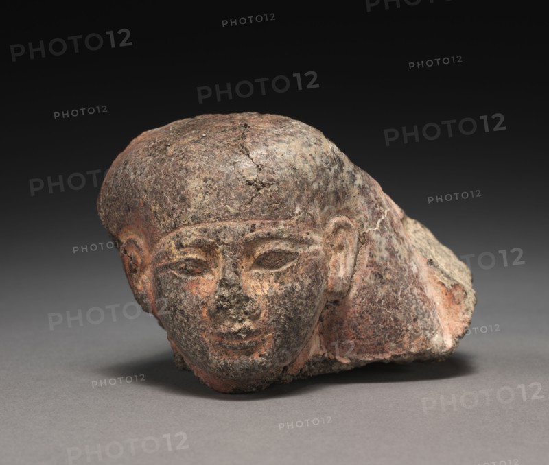 Male Head, perhaps from a Pair Statue, 1401-1391 BC. Egypt, New Kingdom, Dynasty 18, reign of Amenhotep II to Tuthmosis IV. Gray granite; overall: 7.6 x 11.1 x 12.8 cm (3 x 4 3/8 x 5 1/16 in.).