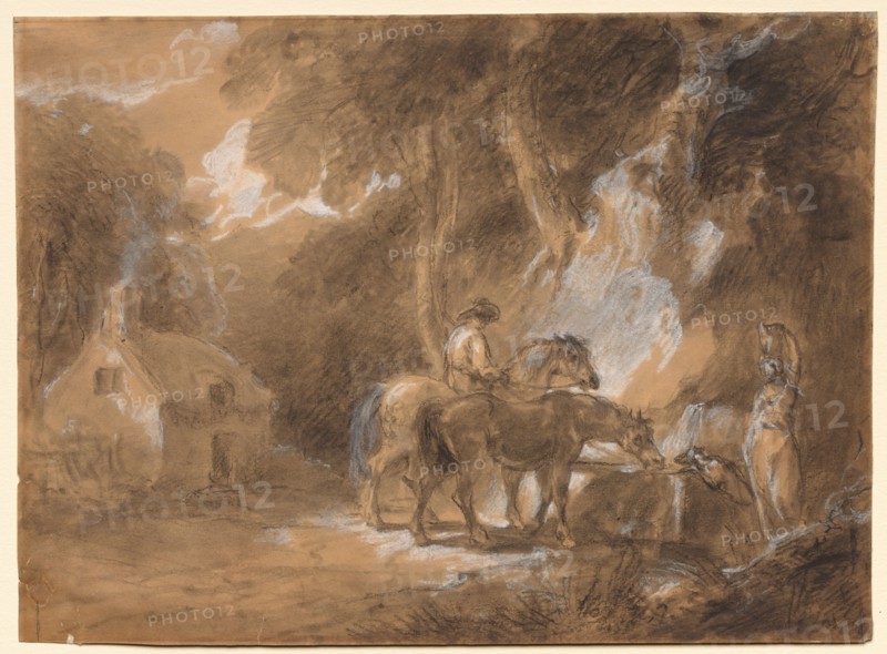 The Halt at the Spring. Attributed to Thomas Barker (British, 1769-1847). Charcoal heightened with white; sheet: 27.9 x 38.4 cm (11 x 15 1/8 in.).