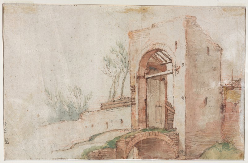 Bridge and Gate (verso), c. 1600. Abraham Bloemaert (Dutch, 1564-1651). Pen and brown ink and brush and brown, red, green, yellow and blue wash, over red and black chalk; sheet: 17.5 x 27.2 cm (6 7/8 x 10 11/16 in.).