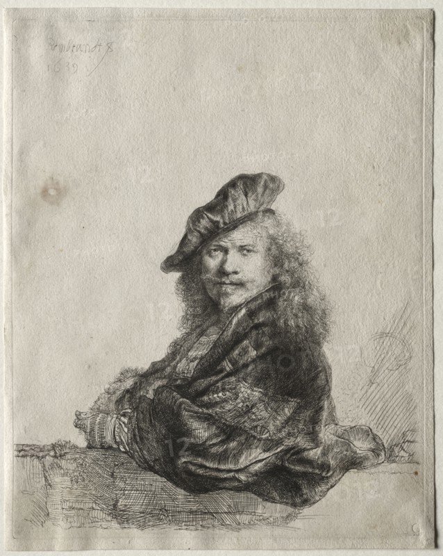 Self-Portrait Leaning on a Stone Sill, 1639. Rembrandt van Rijn (Dutch, 1606-1669). Etching and drypoint; sheet: 21.5 x 17.1 cm (8 7/16 x 6 3/4 in.); platemark: 20.5 x 16.4 cm (8 1/16 x 6 7/16 in.)