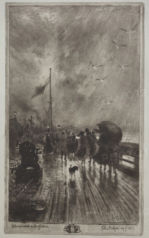Landing in England, 1879. Félix Hilaire Buhot (French, 1847-1898). Etching, aquatint, drypoint and roulette; sheet: 39.2 x 28 cm (15 7/16 x 11 in.); platemark: 30.3 x 18.2 cm (11 15/16 x 7 3/16 in.)