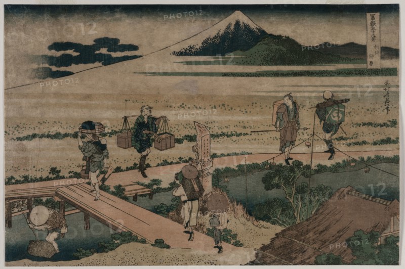A View of Mount Fuji and Travellers by a Bridge, ca. 1835. Katsushika Hokusai (Japanese, 1760-1849). Color woodblock print; sheet: 25.1 x 37.8 cm (9 7/8 x 14 7/8 in.).