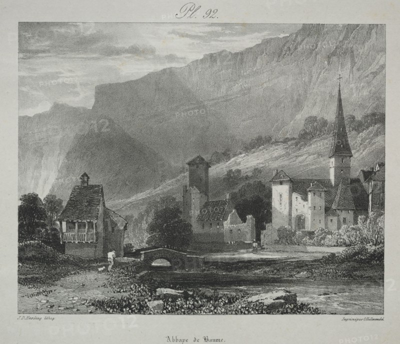Voyages pittoresques et romantiques dans l'ancienne France.  Franche Comté:  Abbaye de Baume, Baume-les-Messieurs, 1825. James Duffield Harding (British, 1798-1863). Lithograph