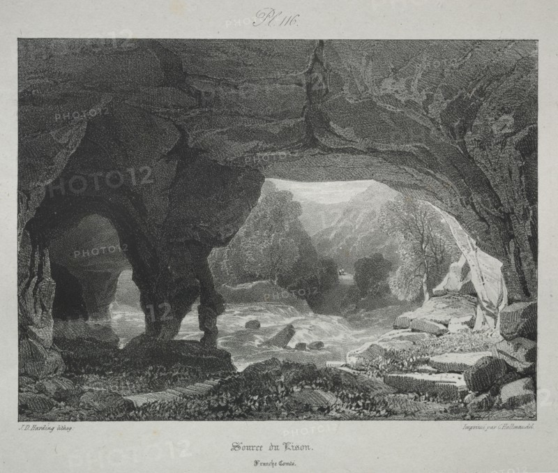 Voyages pittoresques et romantiques dans l'ancienne France.  Franche-Comté:  Source du Lison, 1825. James Duffield Harding (British, 1798-1863). Lithograph
