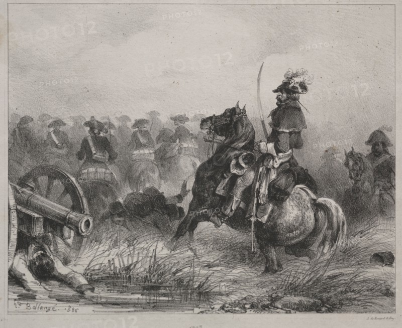 originally published in L'Artiste: Cavalry Scene, 1836. Joseph-Louis-Hippolyte Bellangé (French, 1800-1866). Lithograph; sheet: 21 x 28.5 cm (8 1/4 x 11 1/4 in.); image: 15.2 x 19 cm (6 x 7 1/2 in.)