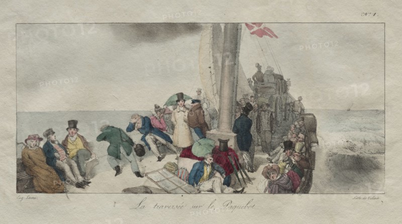 Souvenirs of London:  Crossing on the Packet Boat, 1826. Eugène Louis Lami (French, 1800-1890). Lithograph, hand colored