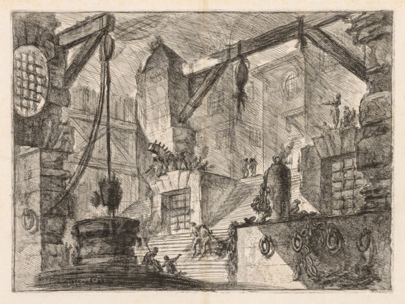 The Prisons:  Colonnaded Interior with a Broad Stair, 1745-1750. Giovanni Battista Piranesi (Italian, 1720-1778). Etching