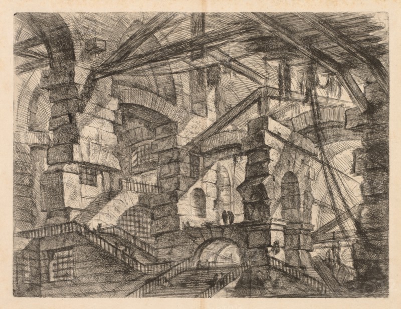 The Prisons:  A Perspective of Colonnades with Zig-Zag Staircase, 1745-1750. Giovanni Battista Piranesi (Italian, 1720-1778). Etching